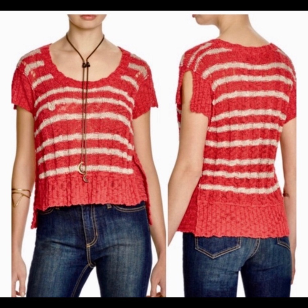Free People Striped Hi-Lo Ribbed Knit Sweater. - Picture 2 of 3
